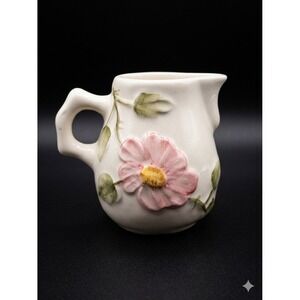 Vintage Brazil Ceramic Floral Creamer Pitcher Pink Zinnia Handcrafted